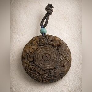 Vtg Chinese Bagua Yin Yang Carved Stone Pendant: Protective Talisman Amulet